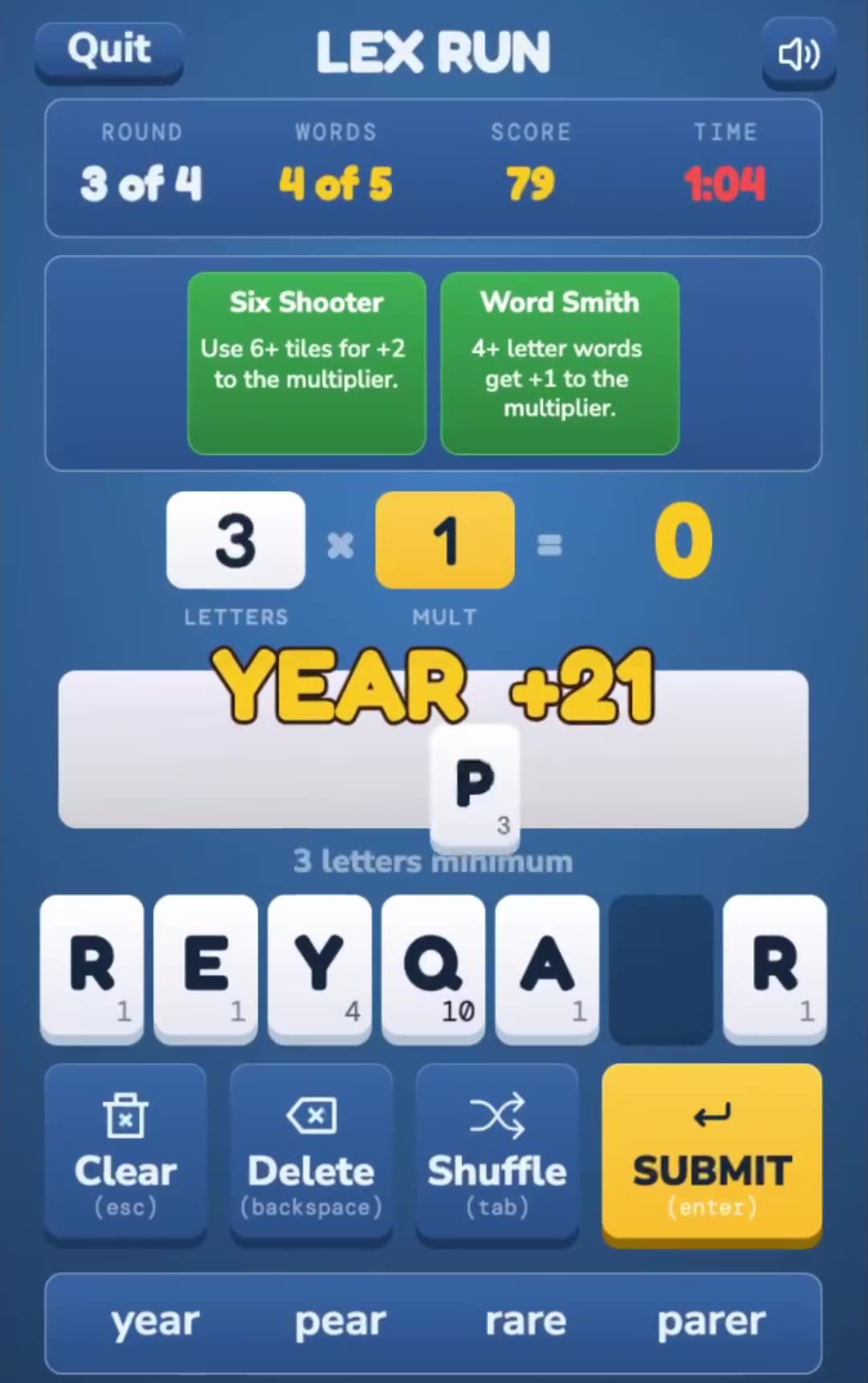 Lex Run gameplay - scoring the word YEAR