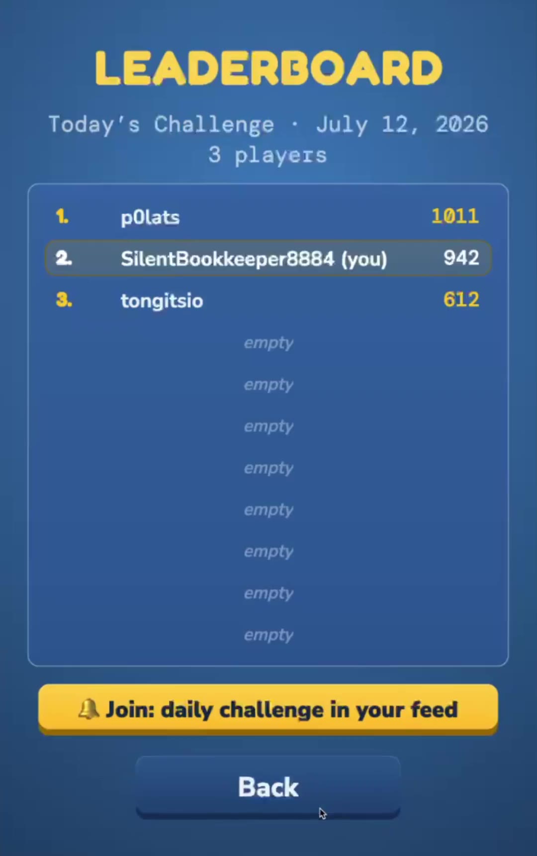 Lex Run daily challenge leaderboard